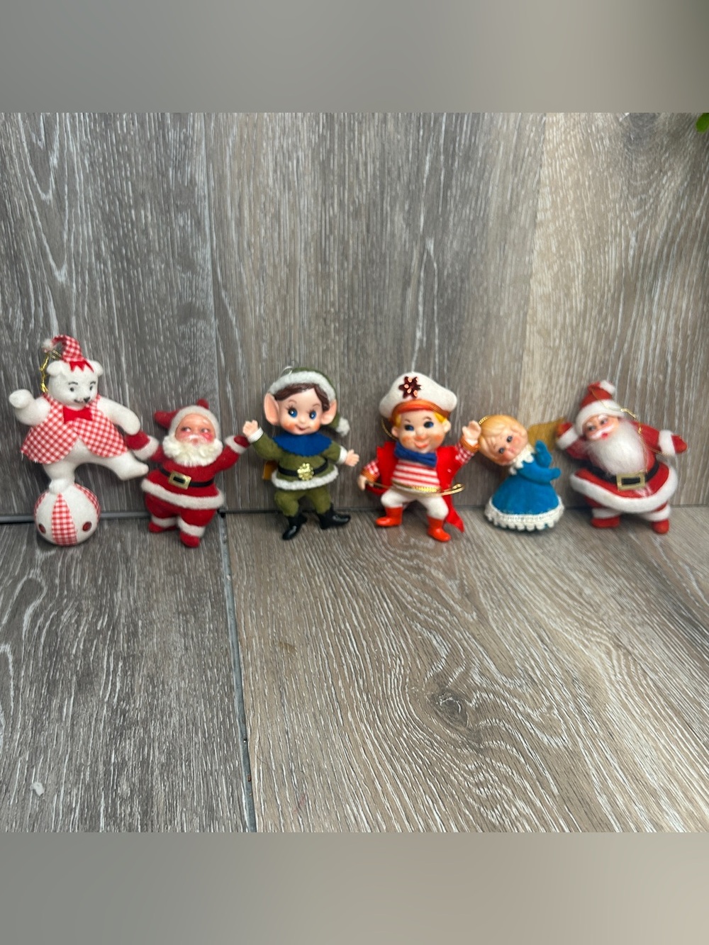 Vintage Flocked Felt Christmas Ornaments Lot of 6 Santa Elf Bear Angel MCM